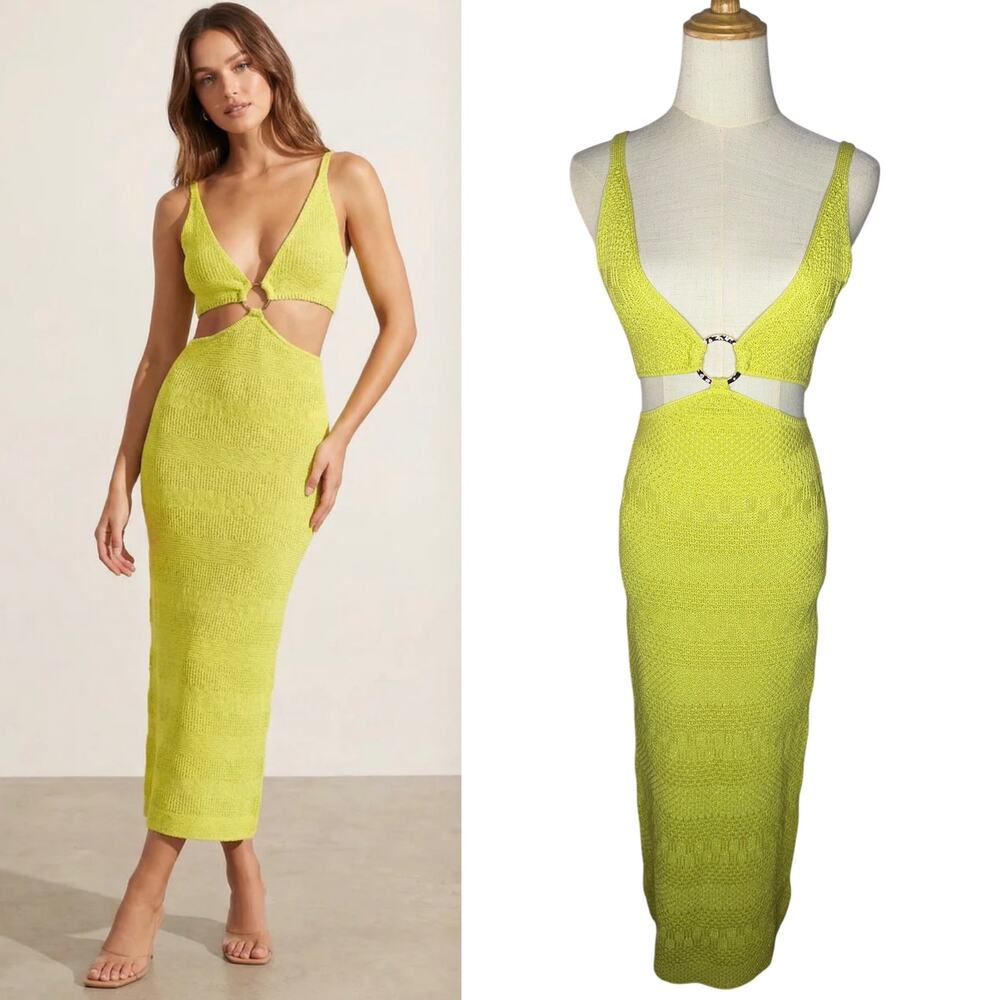 NWOT Zara Lime Green Textured Knit Vacation Cutout V Neckline Dress Size Small